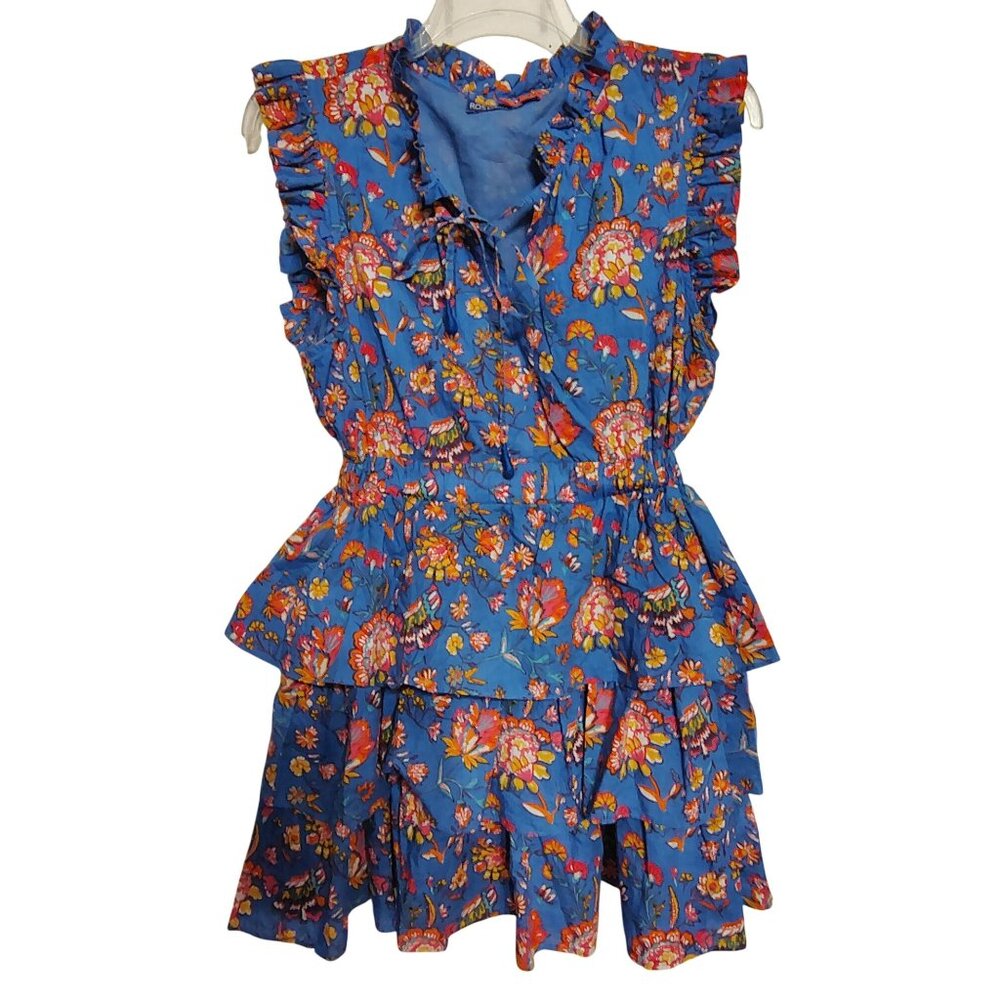 Ro's Garden XL Floral Dress Multi Tier Sleeveless, Cotton, Periwinkle Blue
